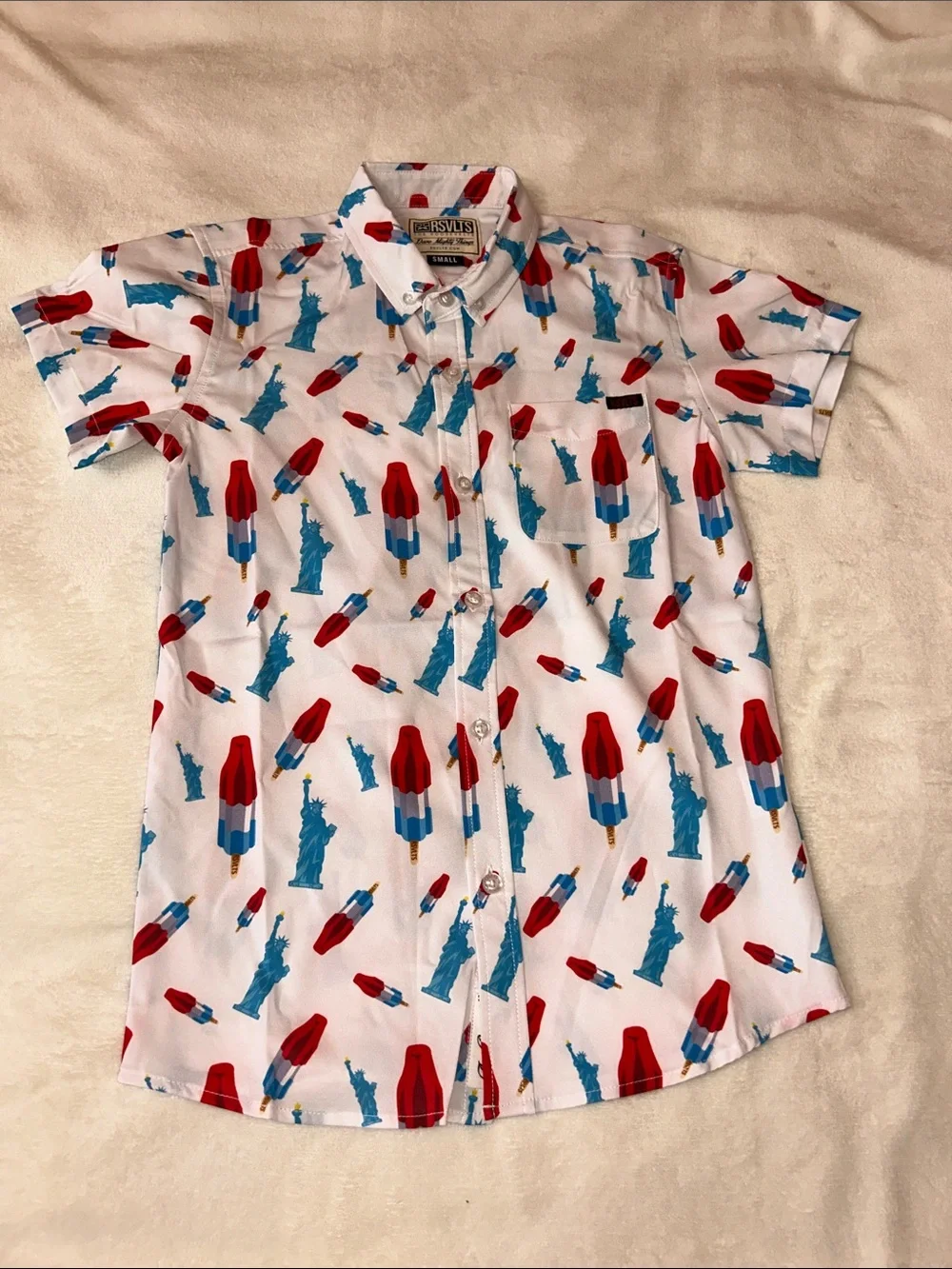 RSVLTS White Short-Sleeve Button-Down with Red & Blue Popsicle and Statue Print